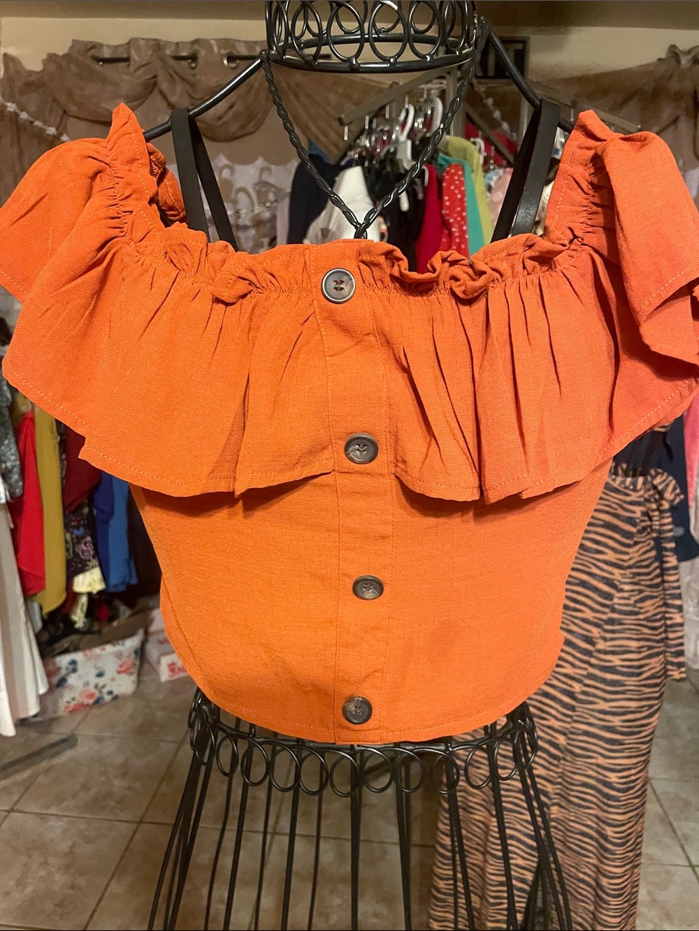 Women’s Off-Shoulder Ruffle Button-Front Top — rust